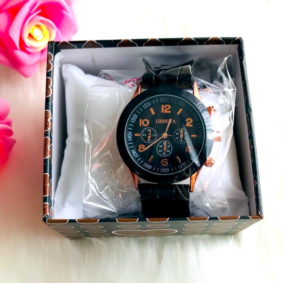 🎀New Geneva Black Color Three Dials Ladies Watch With Gift Box